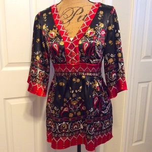 Ice I.C.E. Vintage Y2K floral satin Asian inspired tied waist top size M